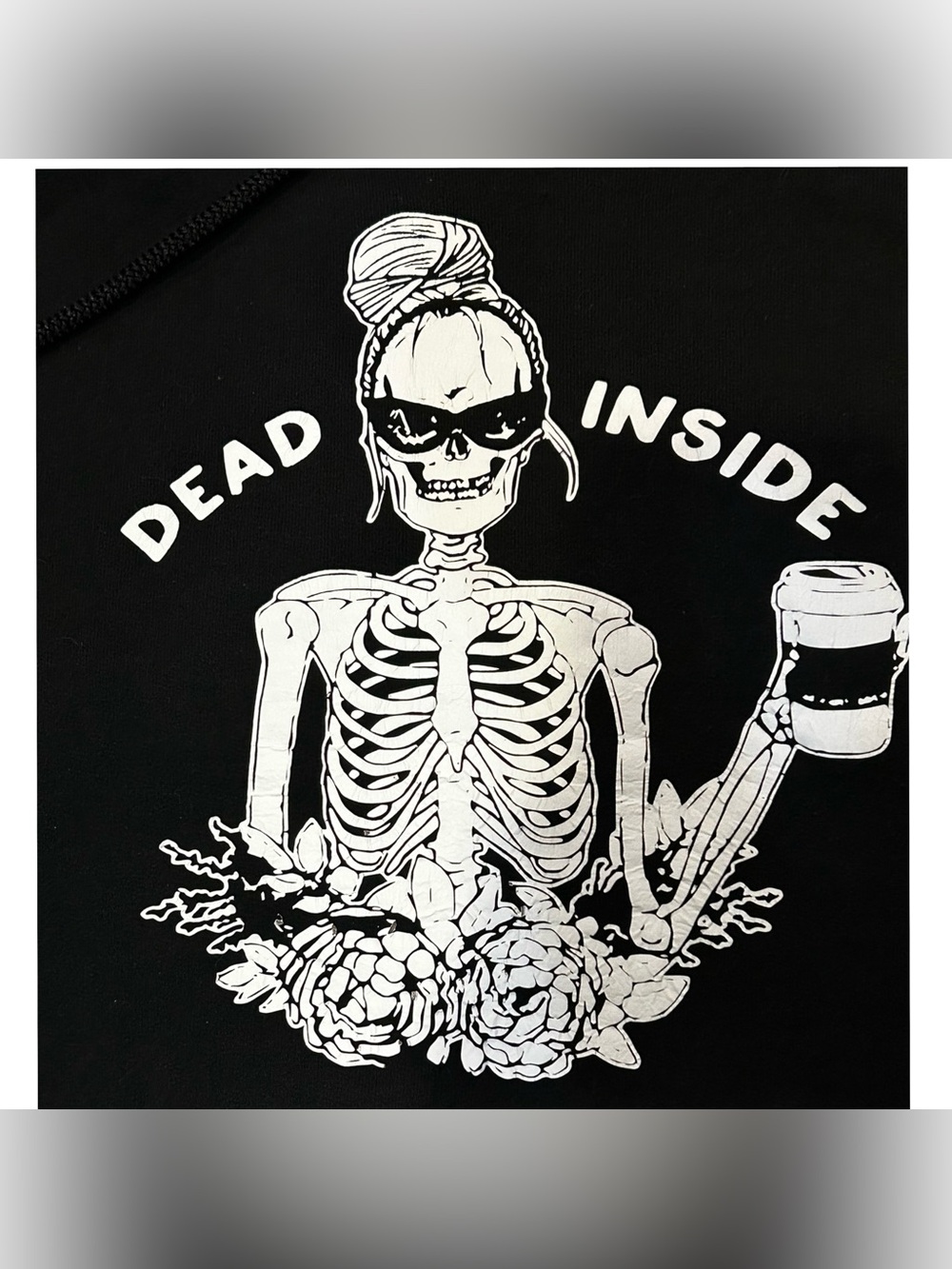 Amazon Black Dead Inside Skeleton Coffee Caffeine Floral Graphic Hoodie Large